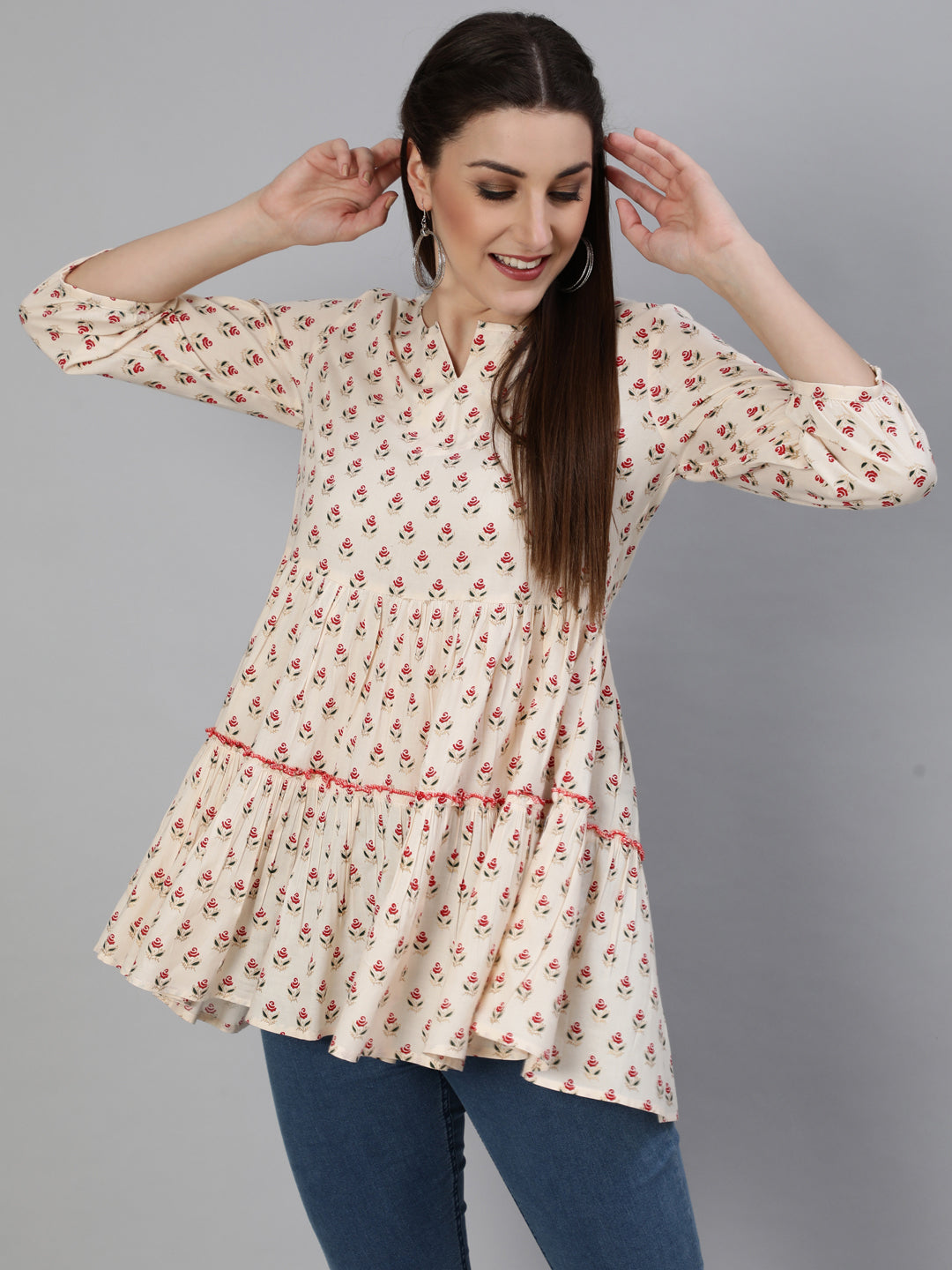 Printed Round Neck 3/4 Sleeve Rayon Flared Top