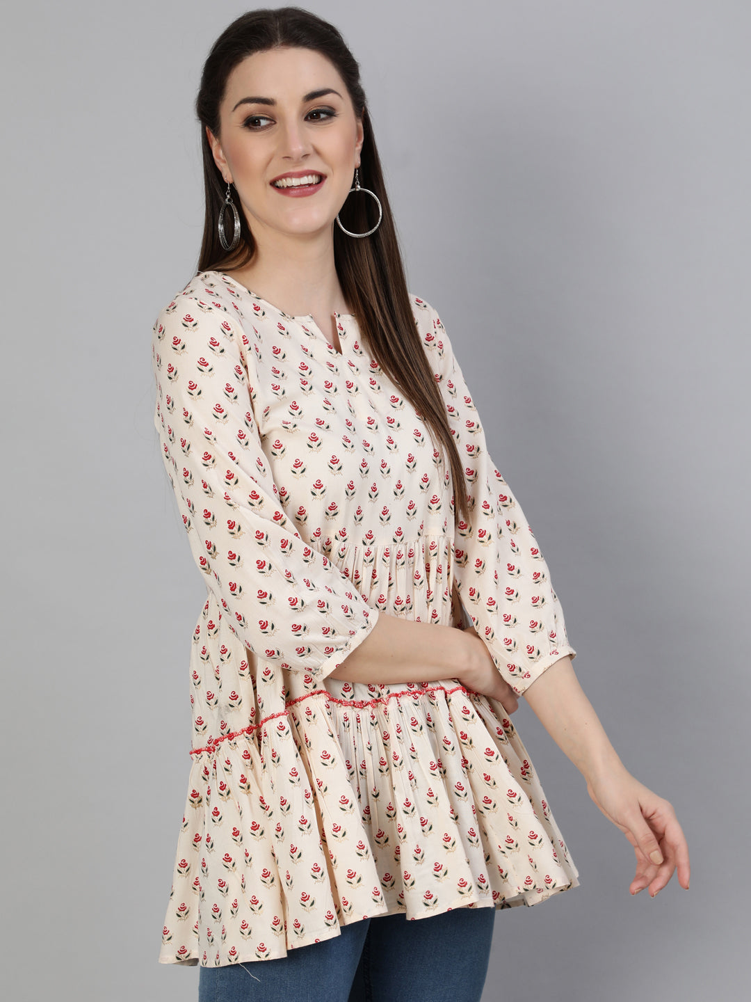 Printed Round Neck 3/4 Sleeve Rayon Flared Top