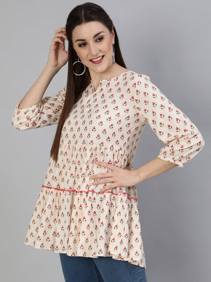 Printed Round Neck 3/4 Sleeve Rayon Flared Top