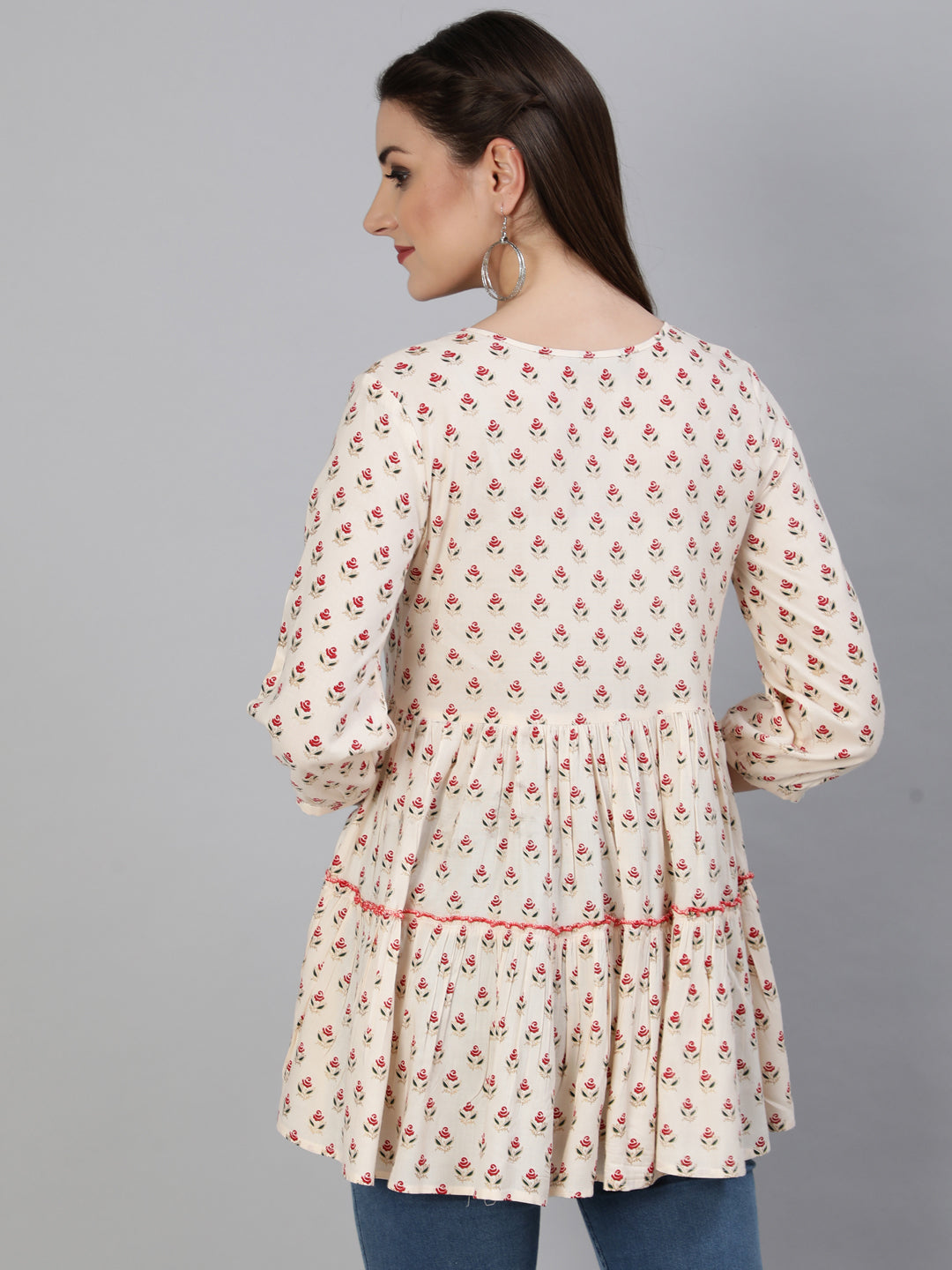 Printed Round Neck 3/4 Sleeve Rayon Flared Top