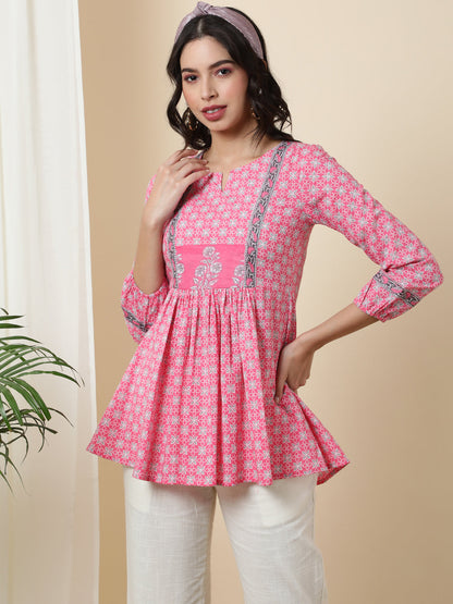 Cotton  Short Length Length Printed Flared 3/4 Sleeves Round Top