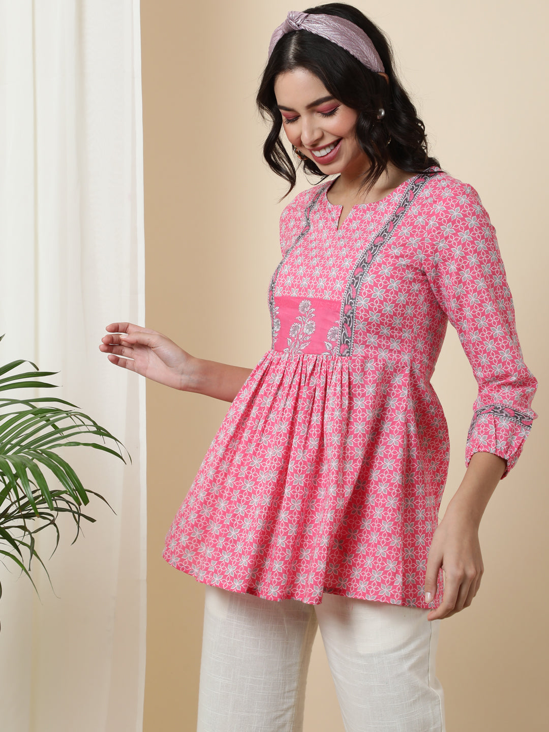 Cotton  Short Length Length Printed Flared 3/4 Sleeves Round Top