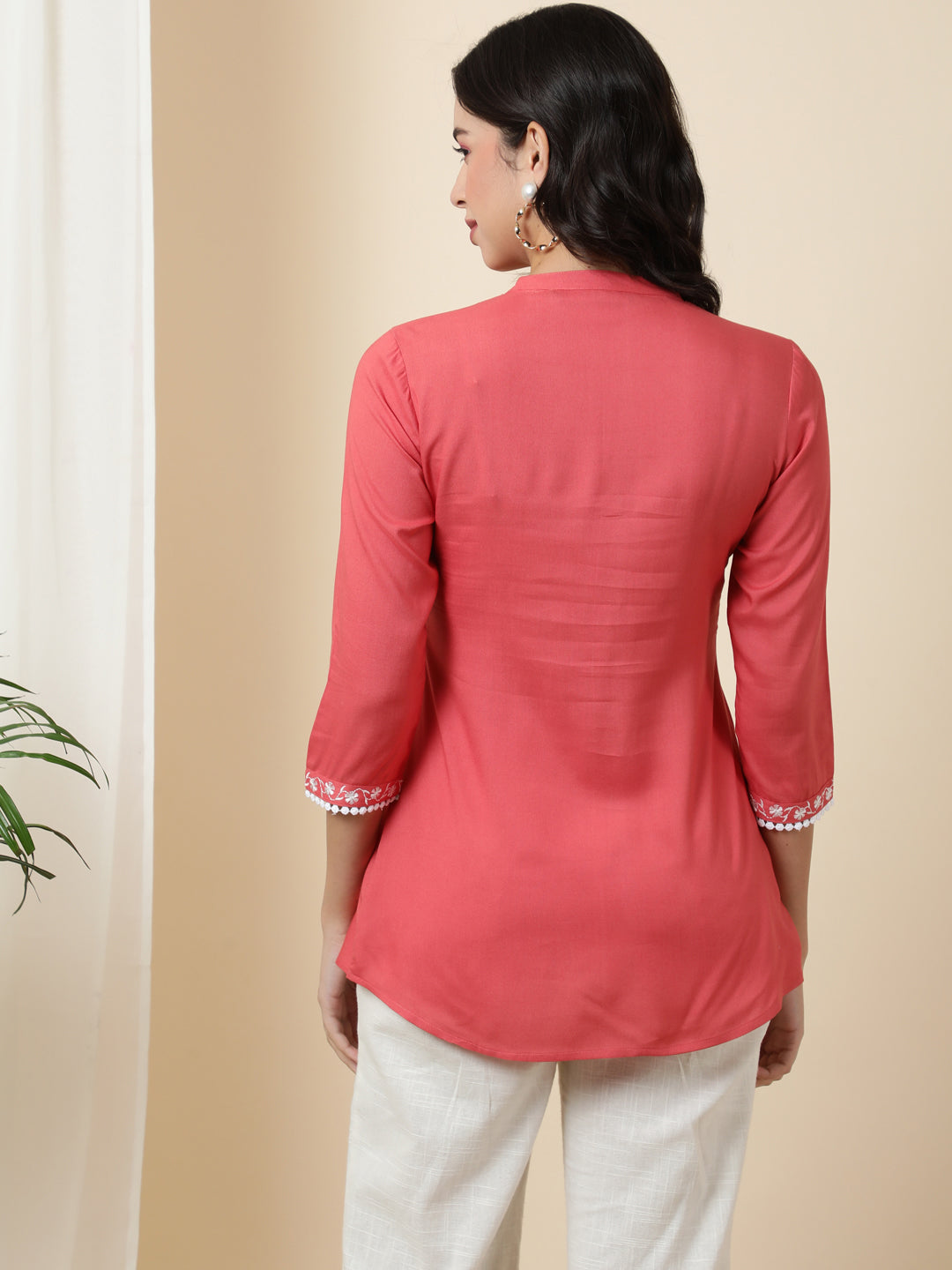 Rayon  Short Length Length Solid Flared 3/4 Sleeves V-Neck Top