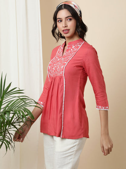 Rayon  Short Length Length Solid Flared 3/4 Sleeves V-Neck Top