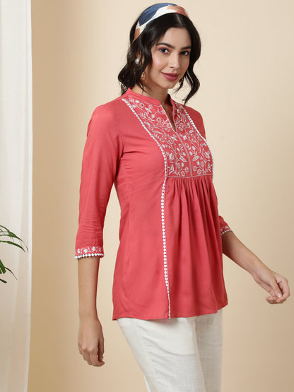 Rayon  Short Length Length Solid Flared 3/4 Sleeves V-Neck Top