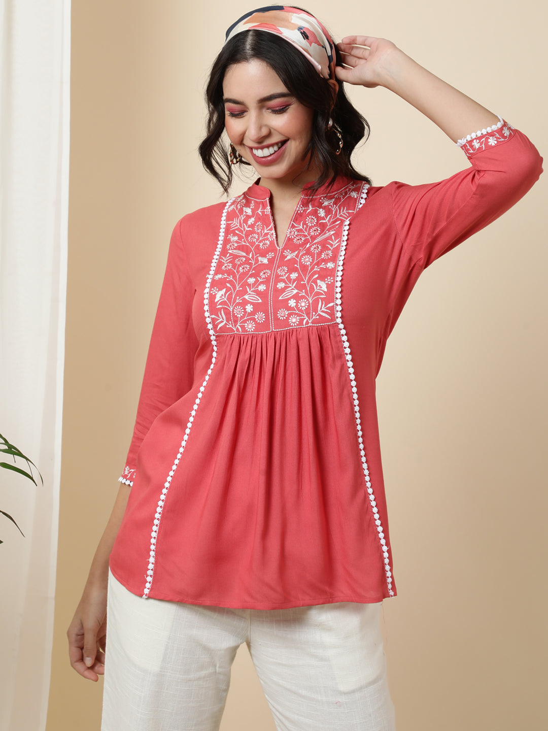 Rayon  Short Length Length Solid Flared 3/4 Sleeves V-Neck Top