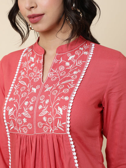 Rayon  Short Length Length Solid Flared 3/4 Sleeves V-Neck Top