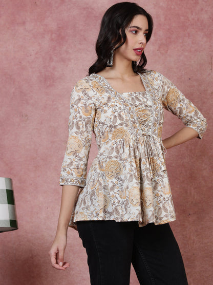 Cotton  Short Length Length Printed Flared 3/4 Sleeves Square Top