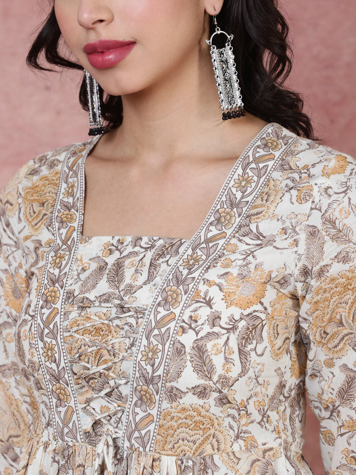 Cotton  Short Length Length Printed Flared 3/4 Sleeves Square Top