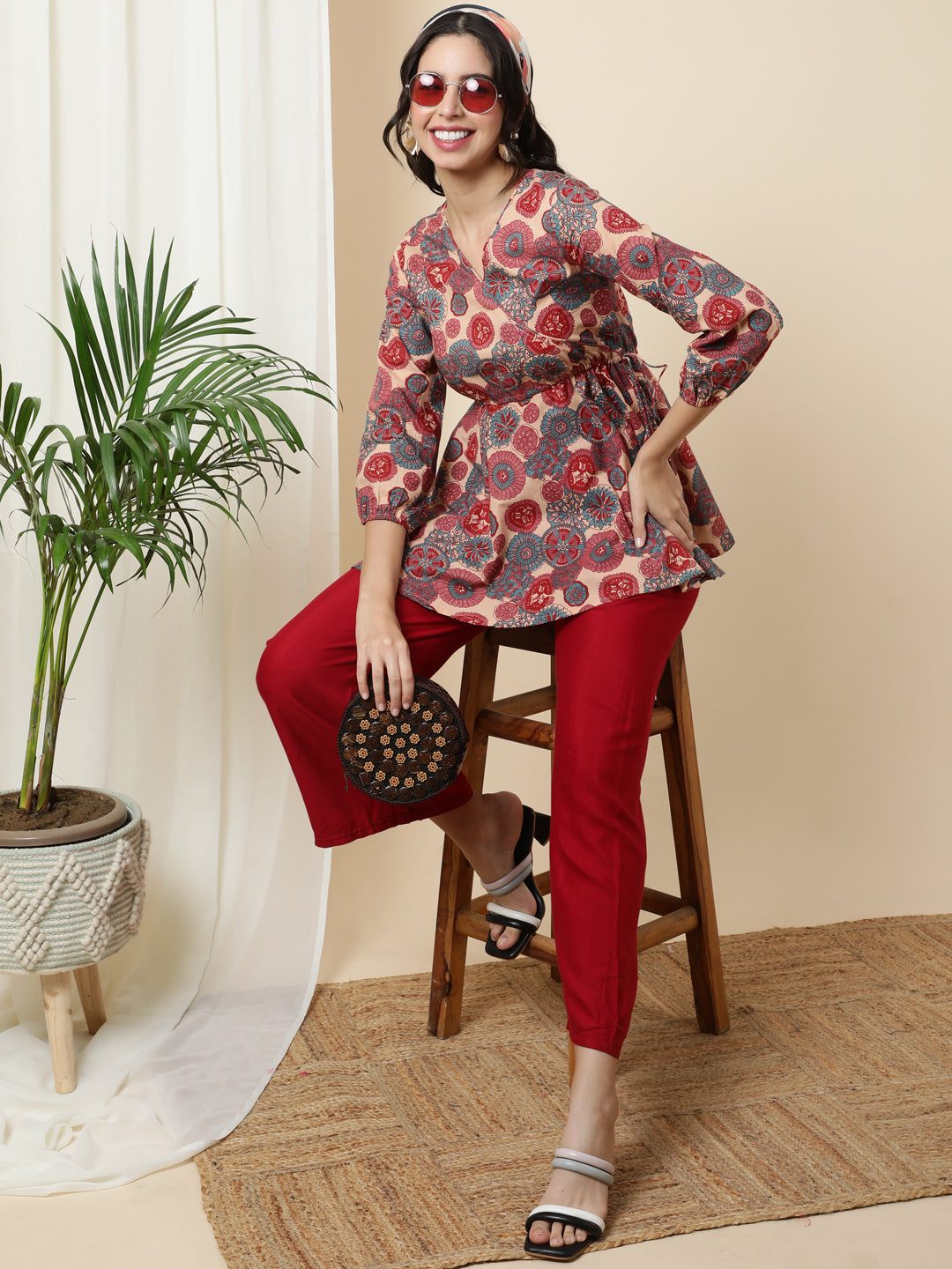 Cotton  Short Length Length Printed Flared 3/4 Sleeves V-Neck Top