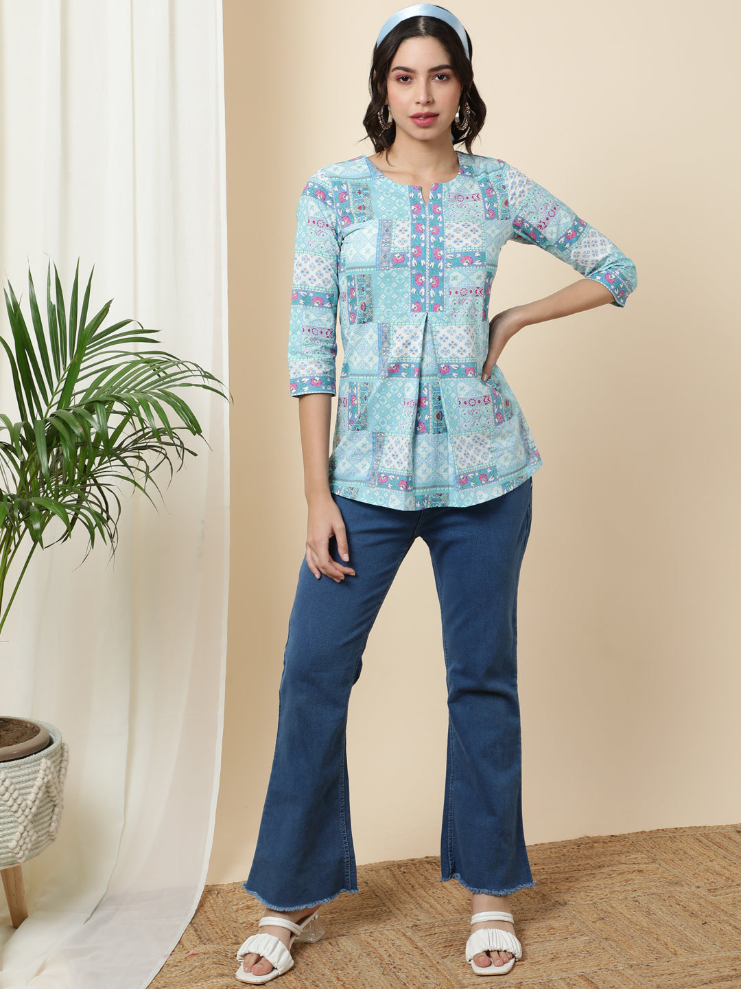 Cotton  Short Length Length Printed Regular 3/4 Sleeves Round Top