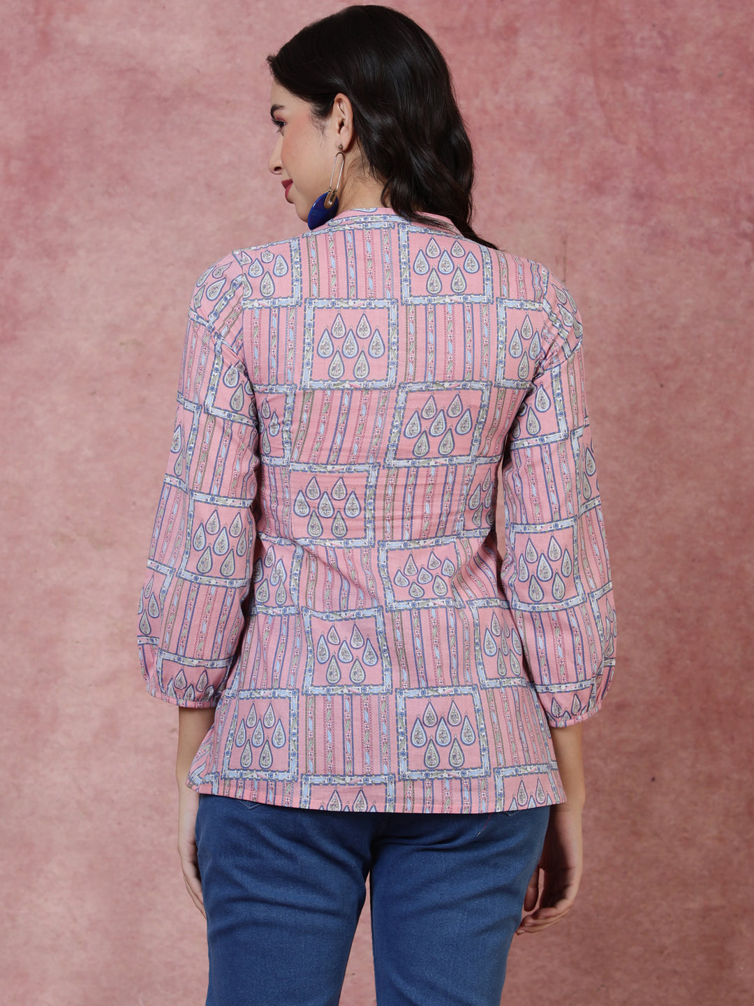 Rayon  Short Length Length Printed Regular 3/4 Sleeves Mandarin Top