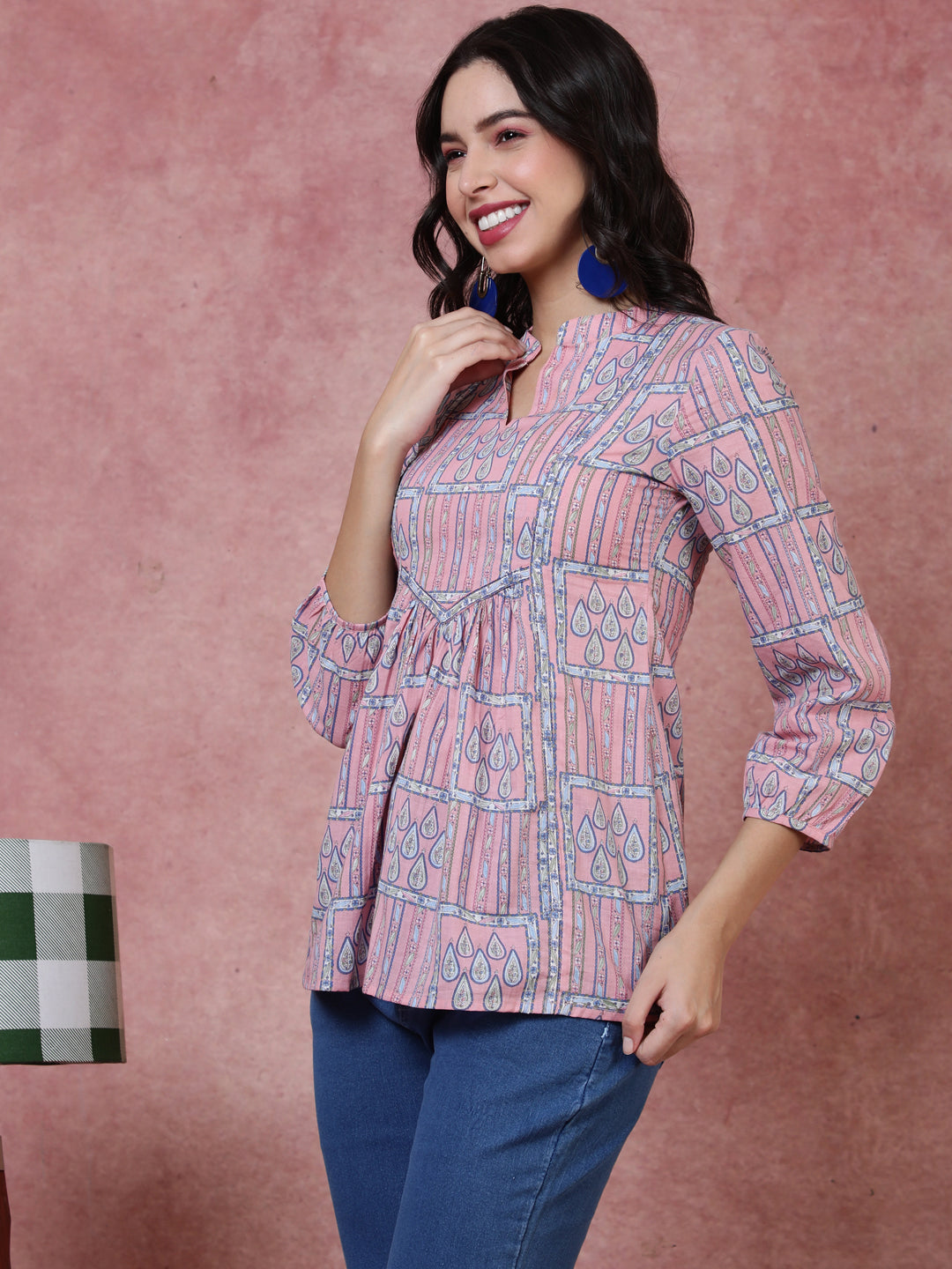 Rayon  Short Length Length Printed Regular 3/4 Sleeves Mandarin Top