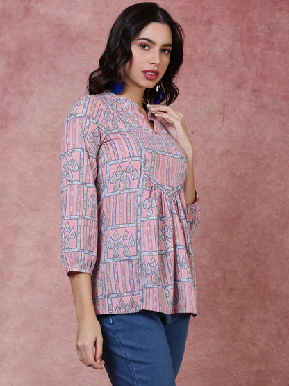 Rayon  Short Length Length Printed Regular 3/4 Sleeves Mandarin Top