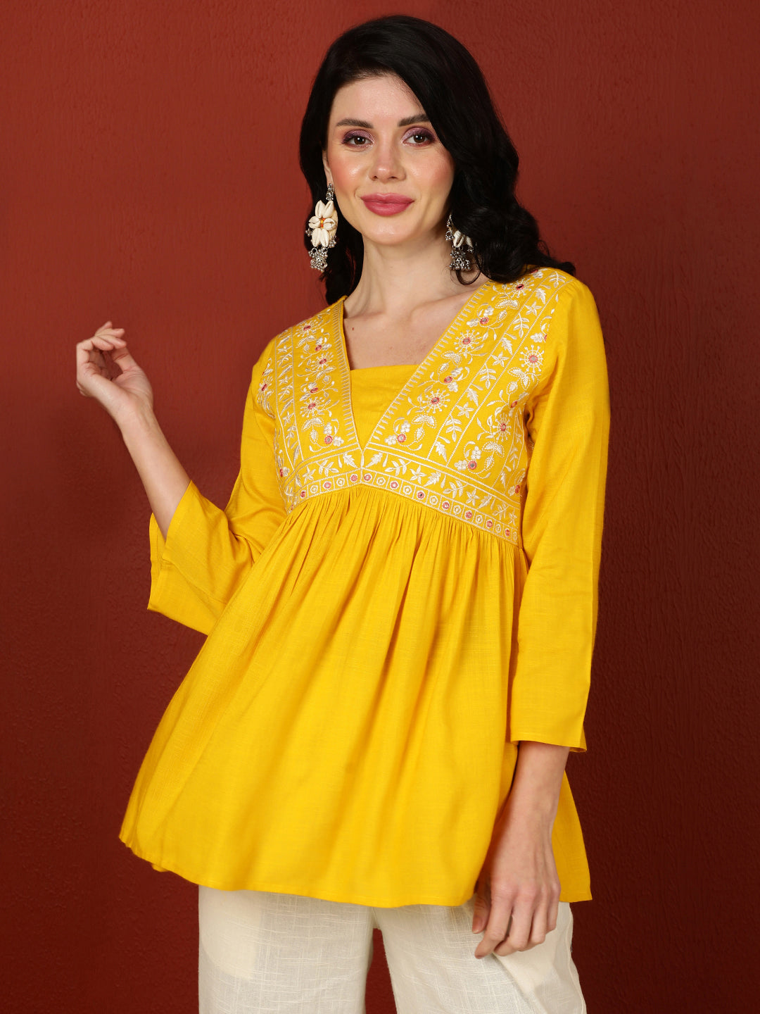 Rayon  Crop Length Printed Flared 3/4 Sleeves V-Neck Top