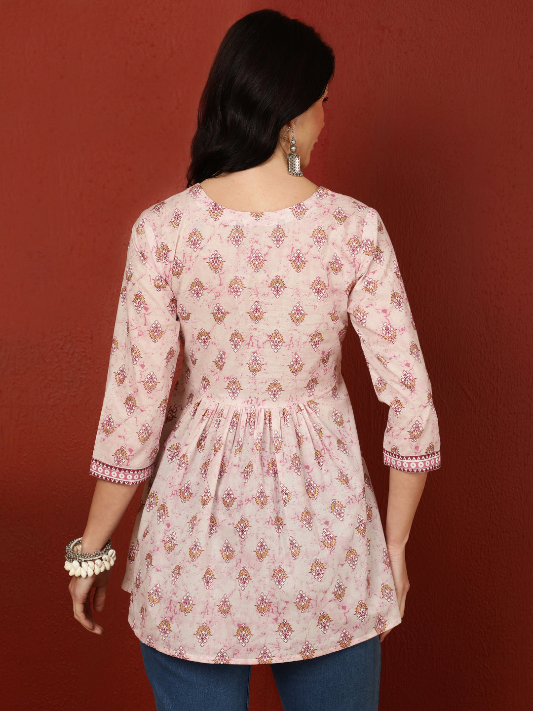 Cotton  Crop Length Printed Flared 3/4 Sleeves V-Neck Top