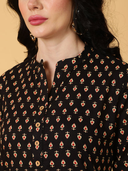 Cotton Short Length Printed Straight 3/4 Sleeves Mandarin Top