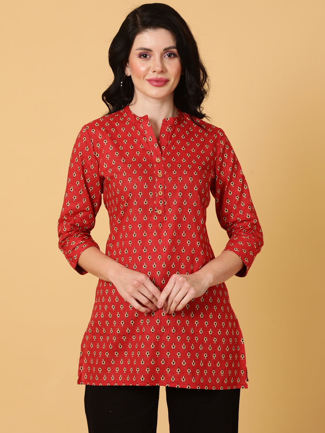 Cotton Short Length Printed Straight 3/4 Sleeves Mandarin Top