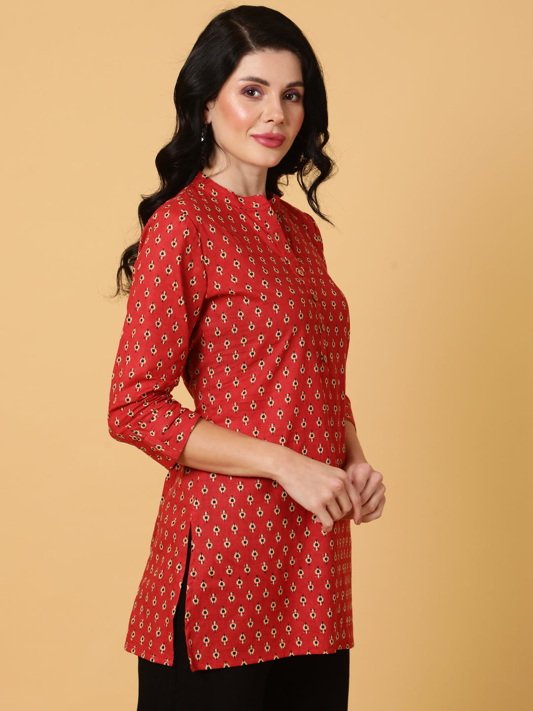 Cotton Short Length Printed Straight 3/4 Sleeves Mandarin Top
