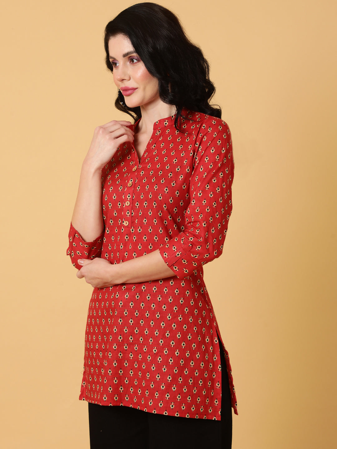 Cotton Short Length Printed Straight 3/4 Sleeves Mandarin Top