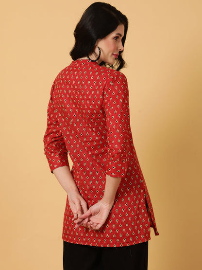 Cotton Short Length Printed Straight 3/4 Sleeves Mandarin Top