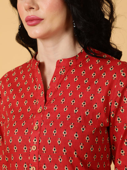 Cotton Short Length Printed Straight 3/4 Sleeves Mandarin Top
