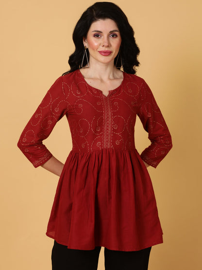 Cotton Short Length Printed Flared 3/4 Sleeves Round Top