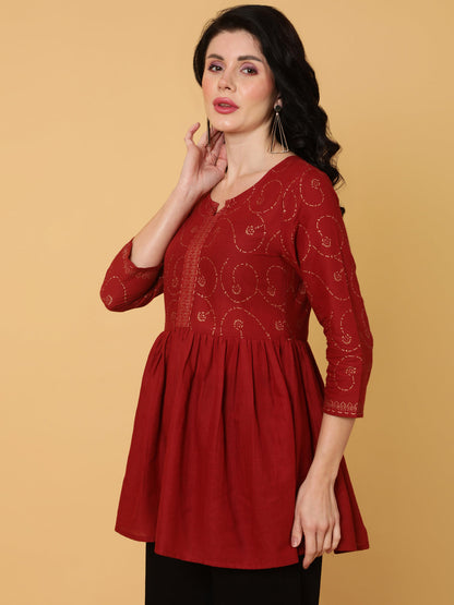 Cotton Short Length Printed Flared 3/4 Sleeves Round Top