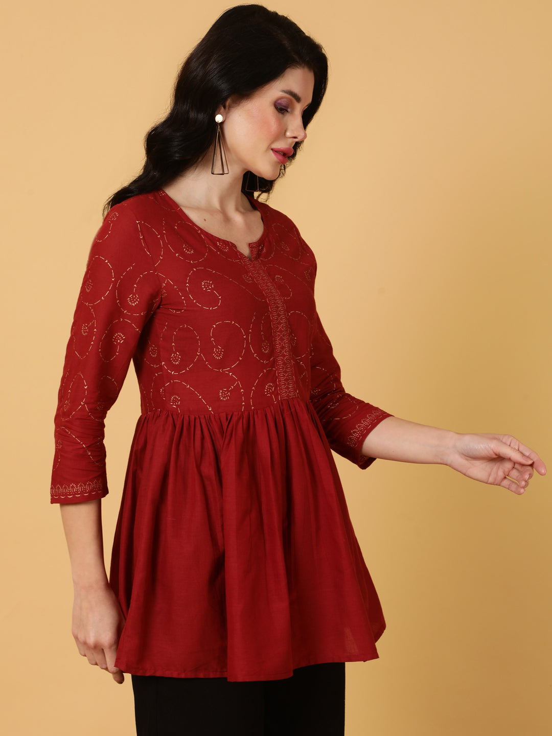 Cotton Short Length Printed Flared 3/4 Sleeves Round Top