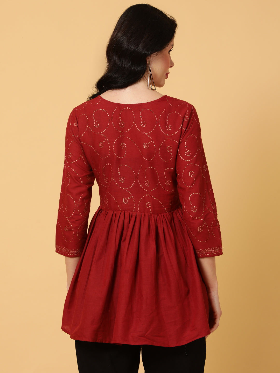 Cotton Short Length Printed Flared 3/4 Sleeves Round Top