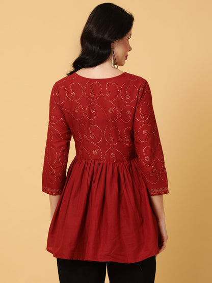 Cotton Short Length Printed Flared 3/4 Sleeves Round Top