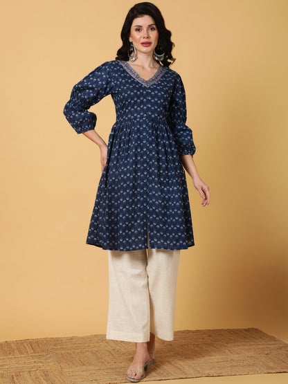 Cotton Medium Length Printed Flared 3/4 Sleeves V-Neck Kurta