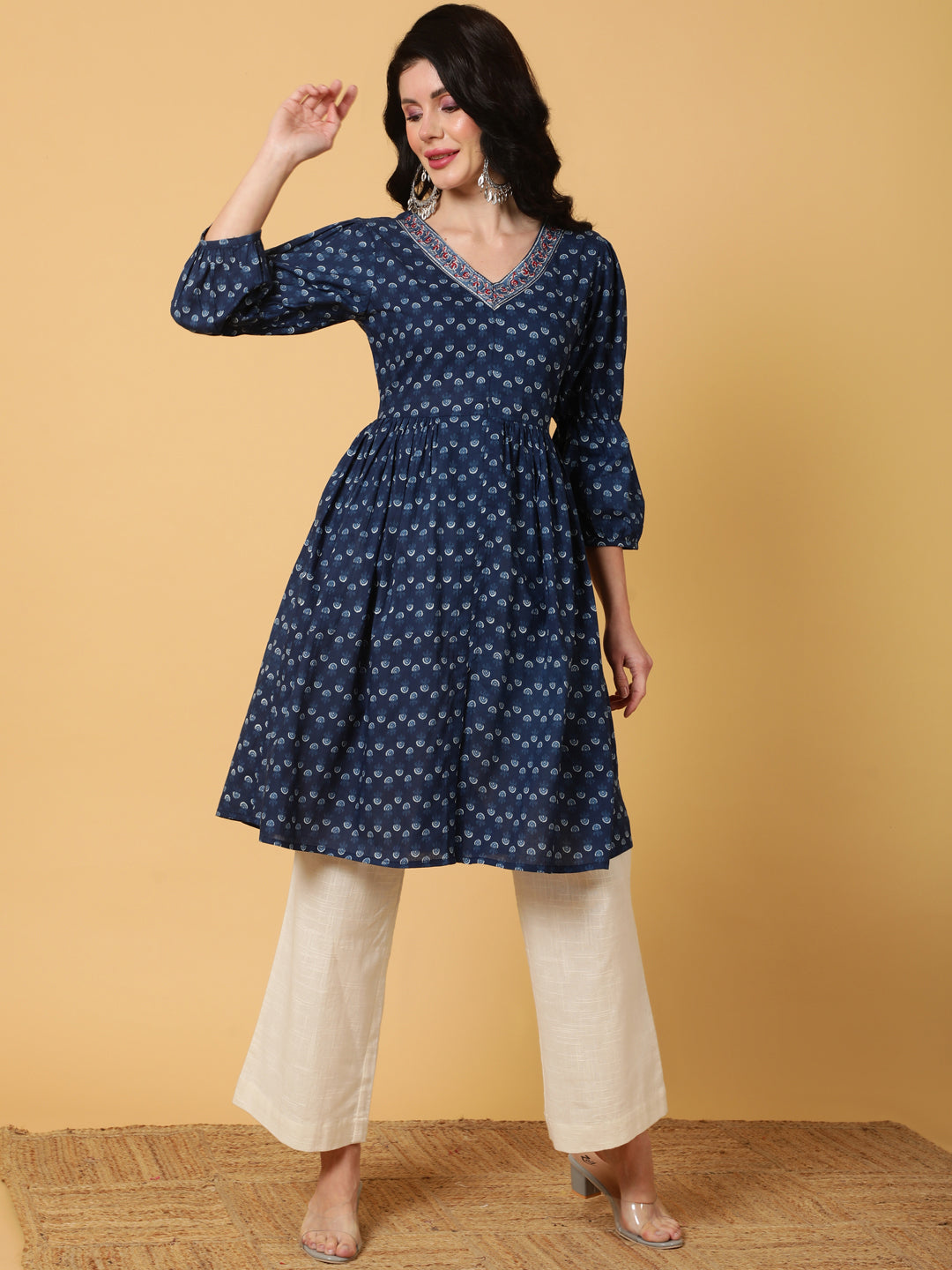 Cotton Medium Length Printed Flared 3/4 Sleeves V-Neck Kurta