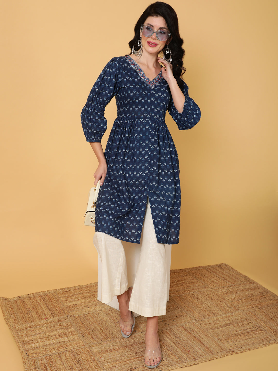 Cotton Medium Length Printed Flared 3/4 Sleeves V-Neck Kurta