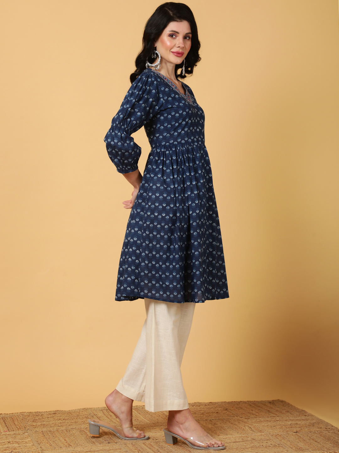 Cotton Medium Length Printed Flared 3/4 Sleeves V-Neck Kurta