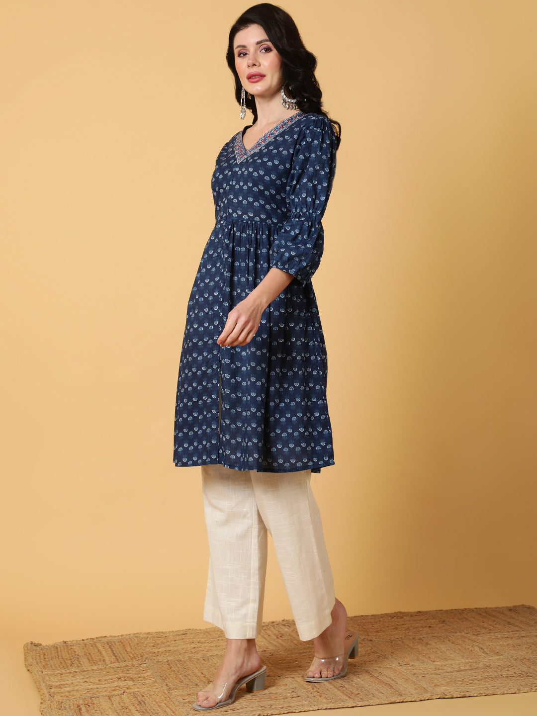 Cotton Medium Length Printed Flared 3/4 Sleeves V-Neck Kurta