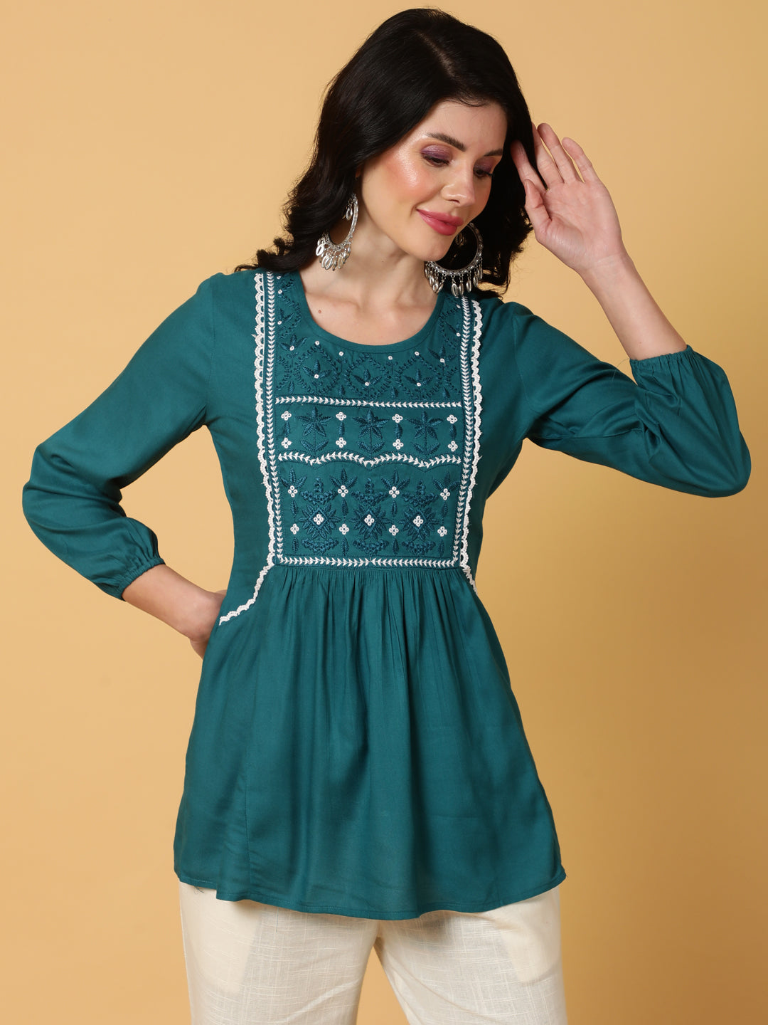 Rayon Short Length Printed Flared 3/4 Sleeves Round Top