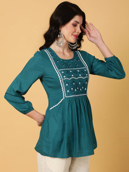 Rayon Short Length Printed Flared 3/4 Sleeves Round Top