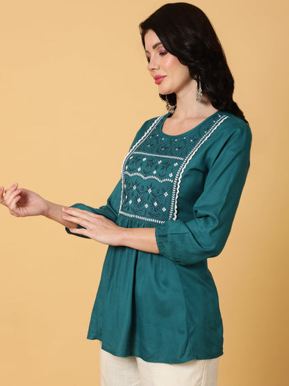 Rayon Short Length Printed Flared 3/4 Sleeves Round Top