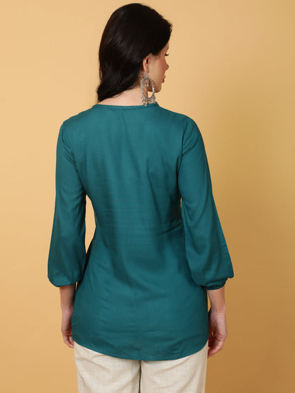 Rayon Short Length Printed Flared 3/4 Sleeves Round Top