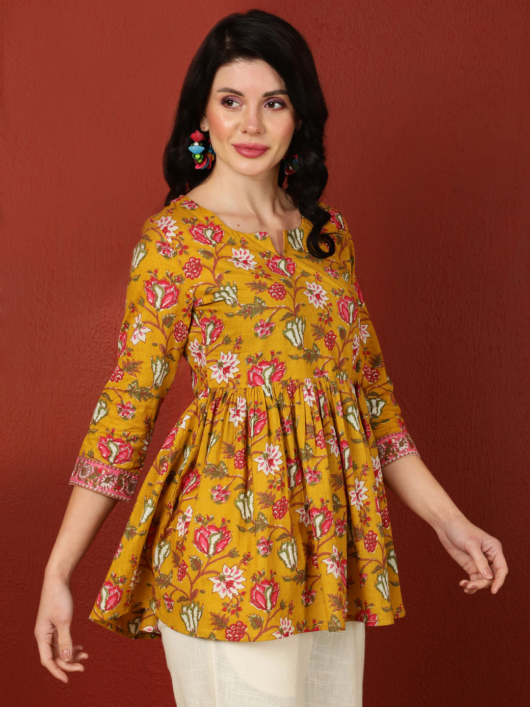 Cotton Short Length Printed Flared 3/4 Sleeves Round Top