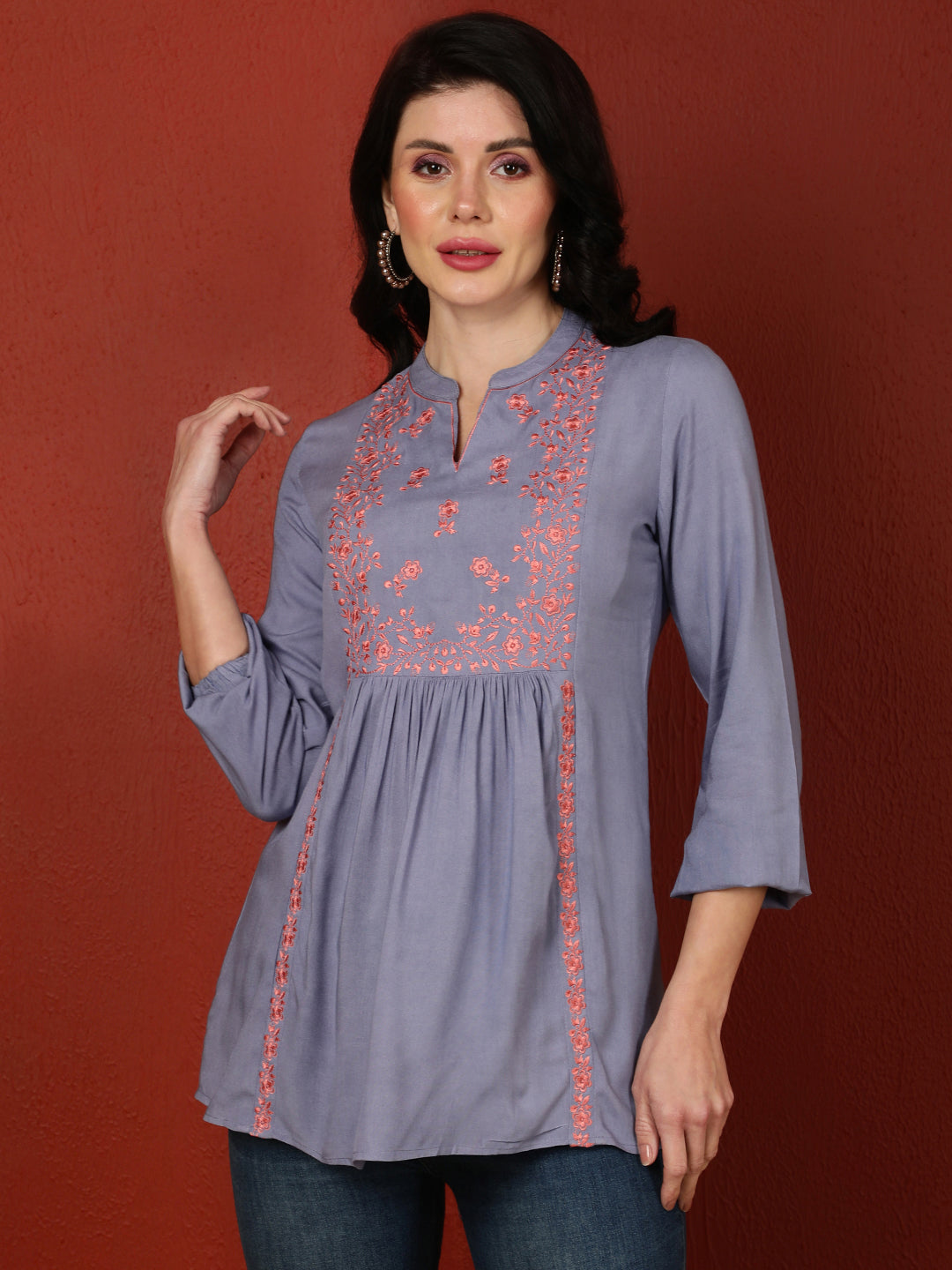 Rayon Short Length Printed Flared 3/4 Sleeves Collar Top