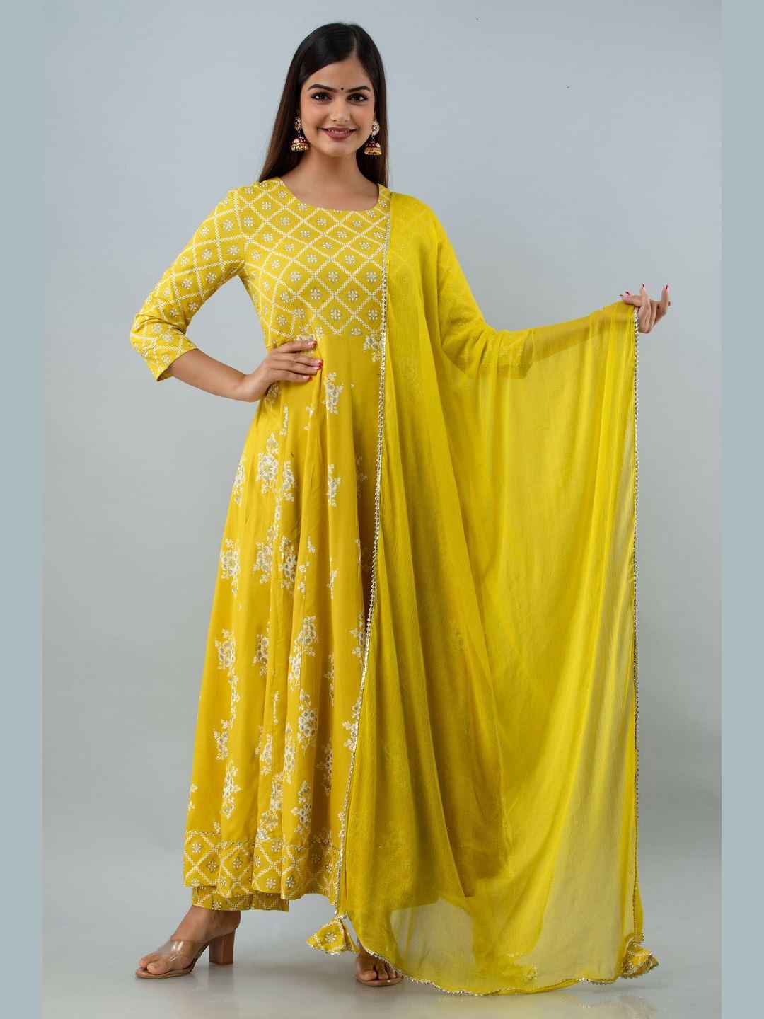 Printed Rayon Round Neck 3/4 Sleeve Flared Ankle Kurta and Dupatta Set