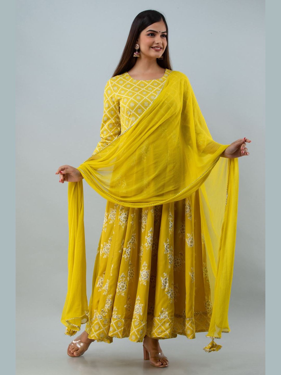 Printed Rayon Round Neck 3/4 Sleeve Flared Ankle Kurta and Dupatta Set