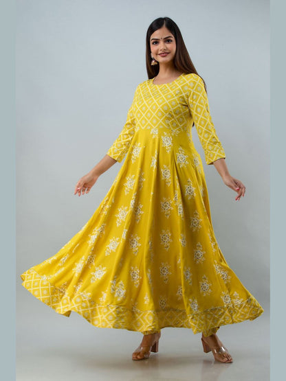 Printed Rayon Round Neck 3/4 Sleeve Flared Ankle Kurta and Dupatta Set
