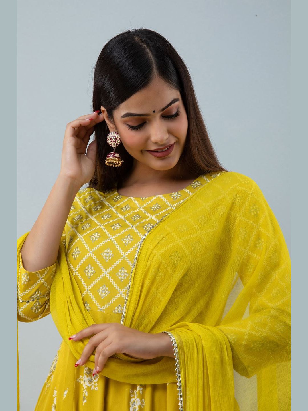 Printed Rayon Round Neck 3/4 Sleeve Flared Ankle Kurta and Dupatta Set