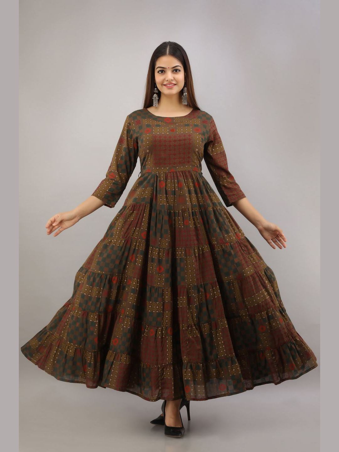 Cotton Printed 3/4 Sleeves Flared Kurta