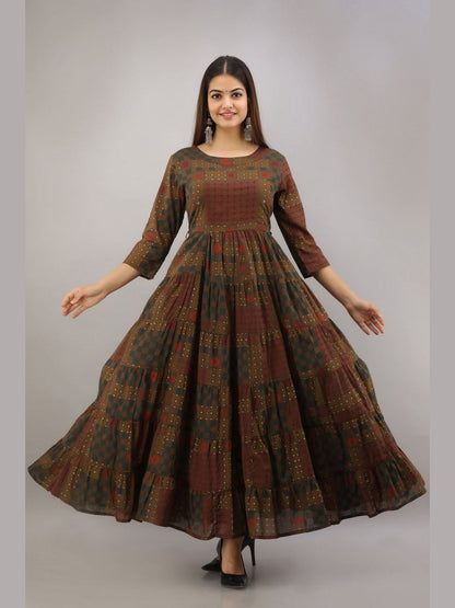 Cotton Printed 3/4 Sleeves Flared Kurta