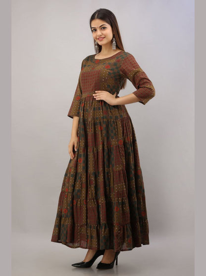 Cotton Printed 3/4 Sleeves Flared Kurta