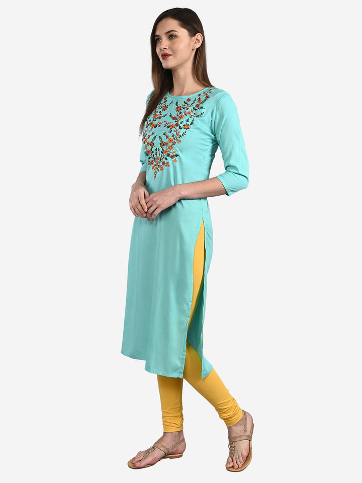 Rayon Embroidered Straight 3/4 Sleeve Round Neck Kurta
